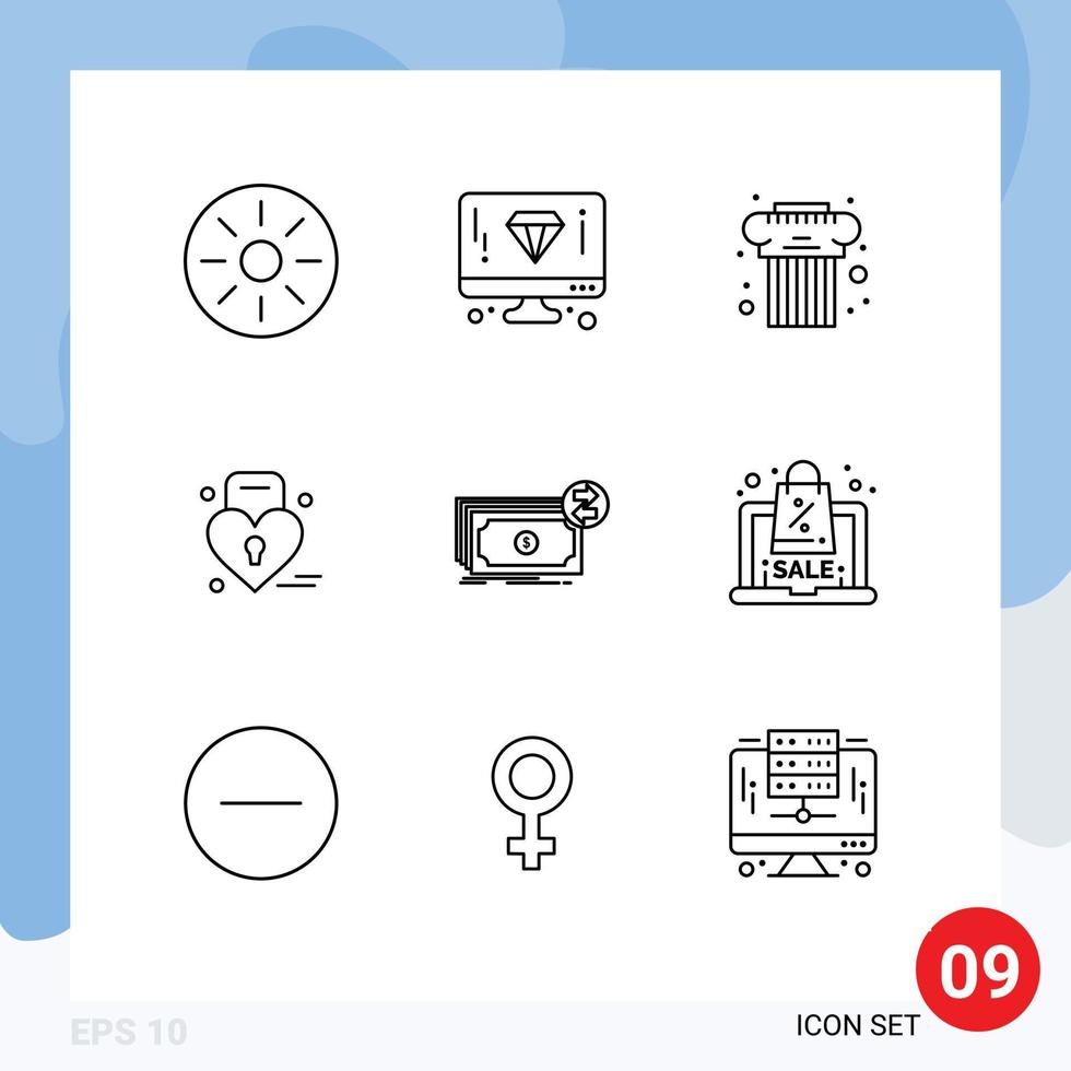 9 User Interface Outline Pack of modern Signs and Symbols of cash weding architecture heart louck Editable Vector Design Elements