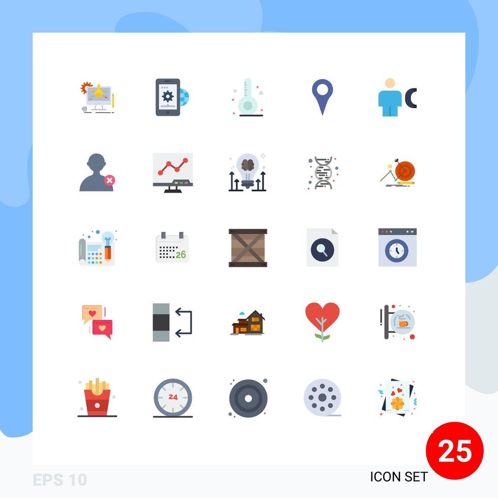 paquete de 25 signos y símbolos modernos de colores planos para medios de impresión web, como configuración de mapa de avatar, ubicación, vacaciones, elementos de diseño de vectores editables