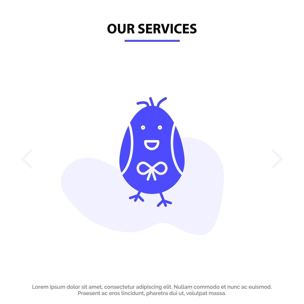 nuestros servicios pollo pascua bebé feliz glifo sólido icono plantilla de tarjeta web vector