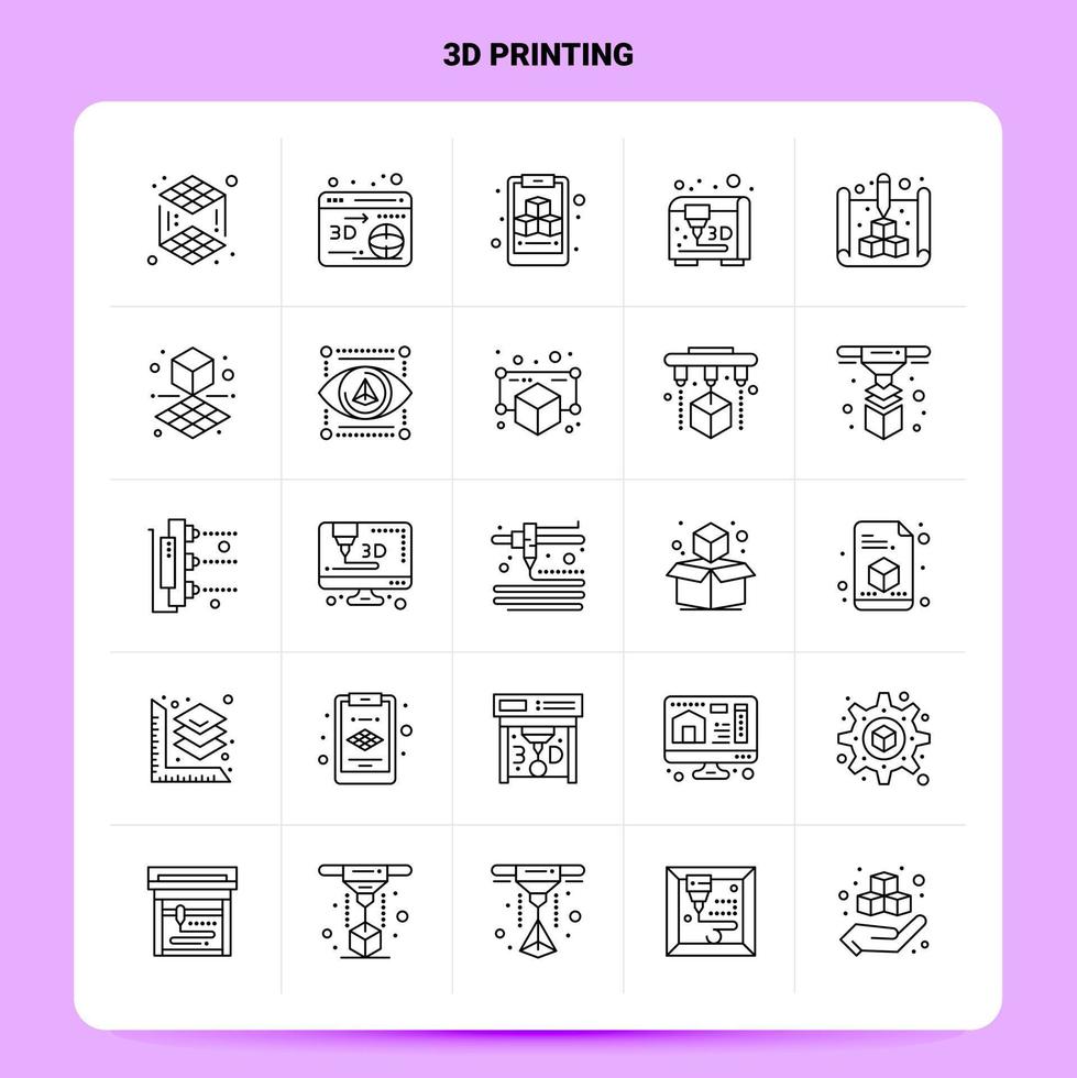 OutLine 25 3d Printing Icon set Vector Line Style Design Black Icons Set Linear pictogram pack Web and Mobile Business ideas design Vector Illustration