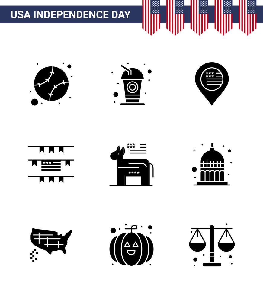 feliz día de la independencia 9 paquete de iconos de glifos sólidos para web e imprimir burro político empavesados americanos editables elementos de diseño vectorial del día de EE. UU. vector