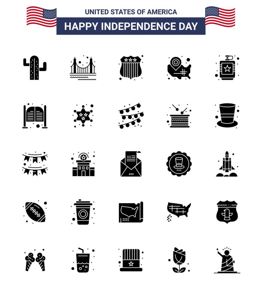 25 USA Solid Glyph Signs Independence Day Celebration Symbols of alcoholic wisconsin tourism usa map Editable USA Day Vector Design Elements