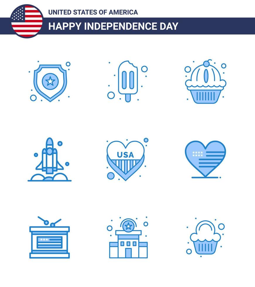 9 Creative USA Icons Modern Independence Signs and 4th July Symbols of heart usa muffin transport rocket Editable USA Day Vector Design Elements