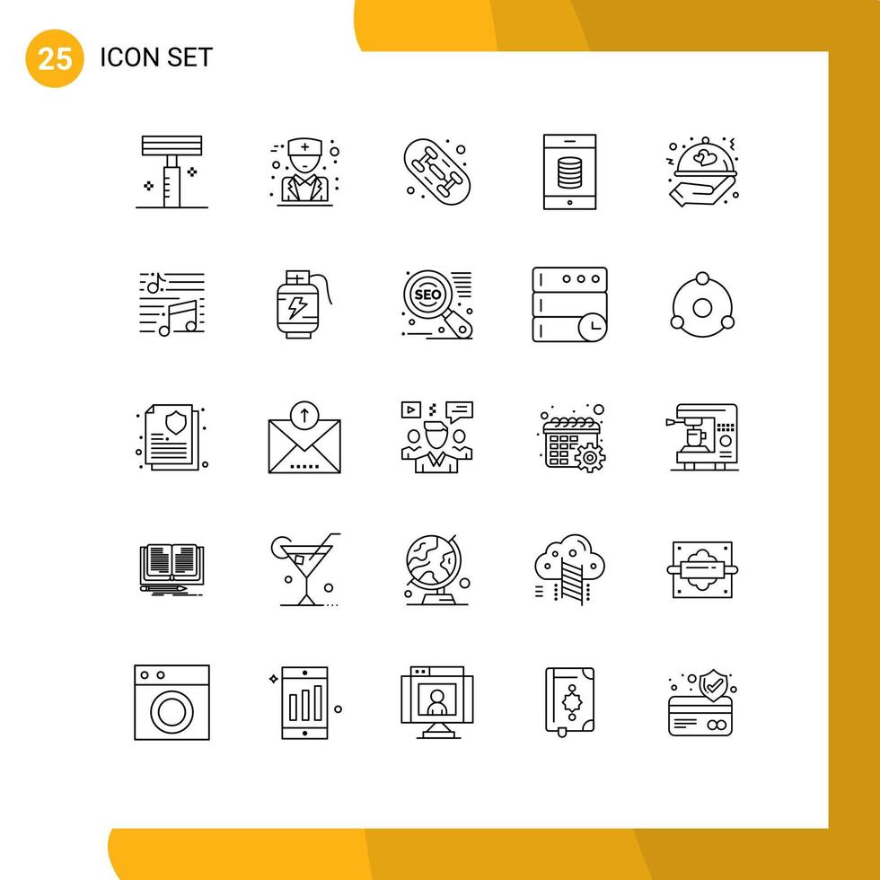 Pack of 25 Modern Lines Signs and Symbols for Web Print Media such as music valentine board love money Editable Vector Design Elements