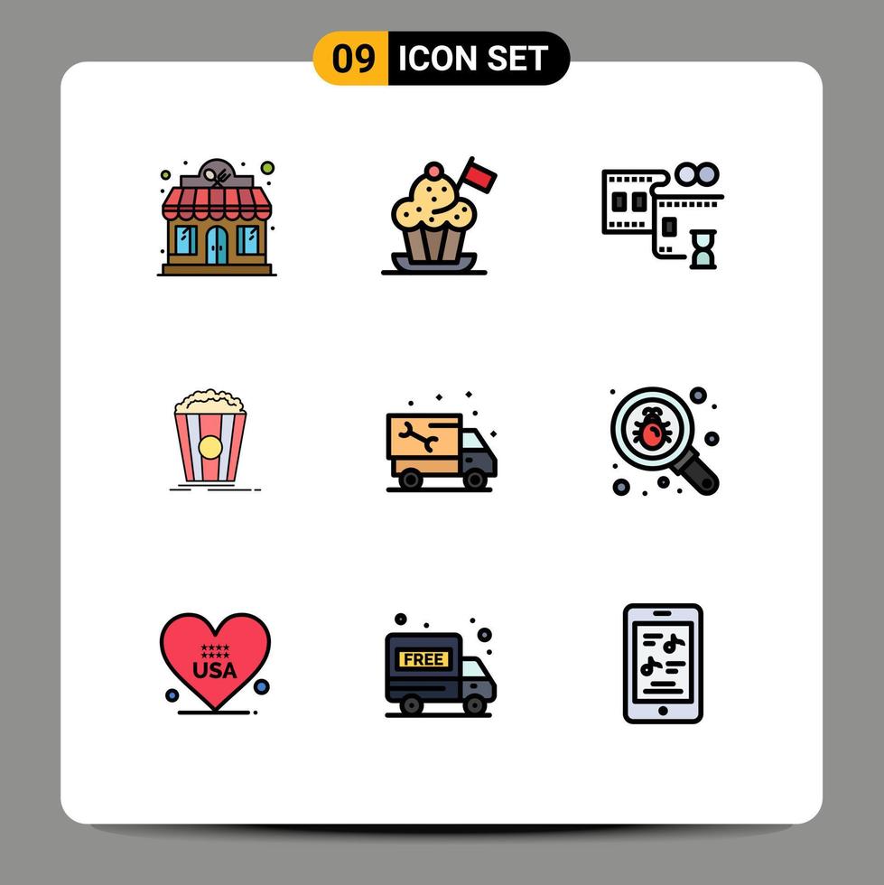 Universal Icon Symbols Group of 9 Modern Filledline Flat Colors of pipe snack flag movie popcorn Editable Vector Design Elements