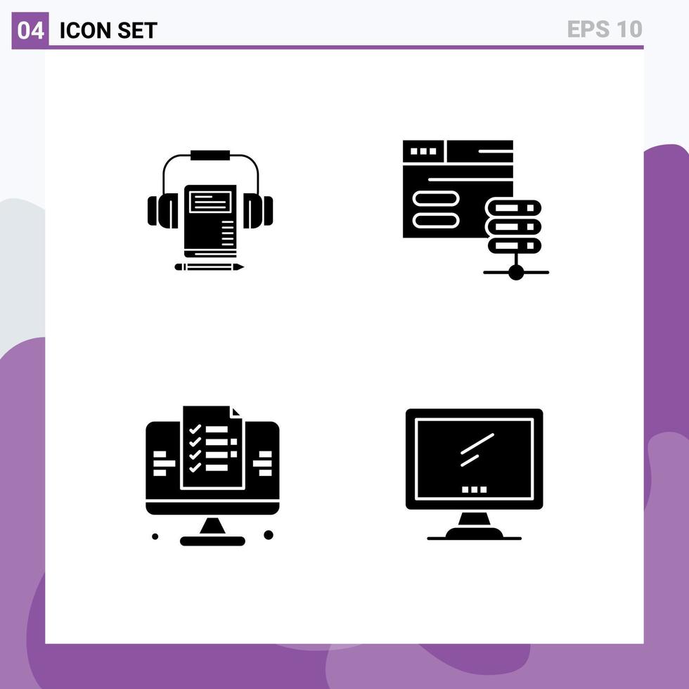Paquete de 4 glifos sólidos de interfaz de usuario de signos y símbolos modernos de elementos de diseño vectorial editables del sitio web del servidor del libro de la página de música vector
