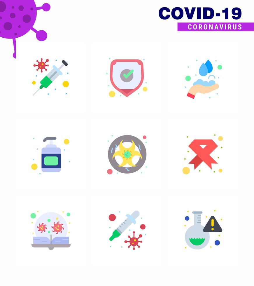 9 Flat Color viral Virus corona icon pack such as lab bio hands care sanitizer lotion viral coronavirus 2019nov disease Vector Design Elements