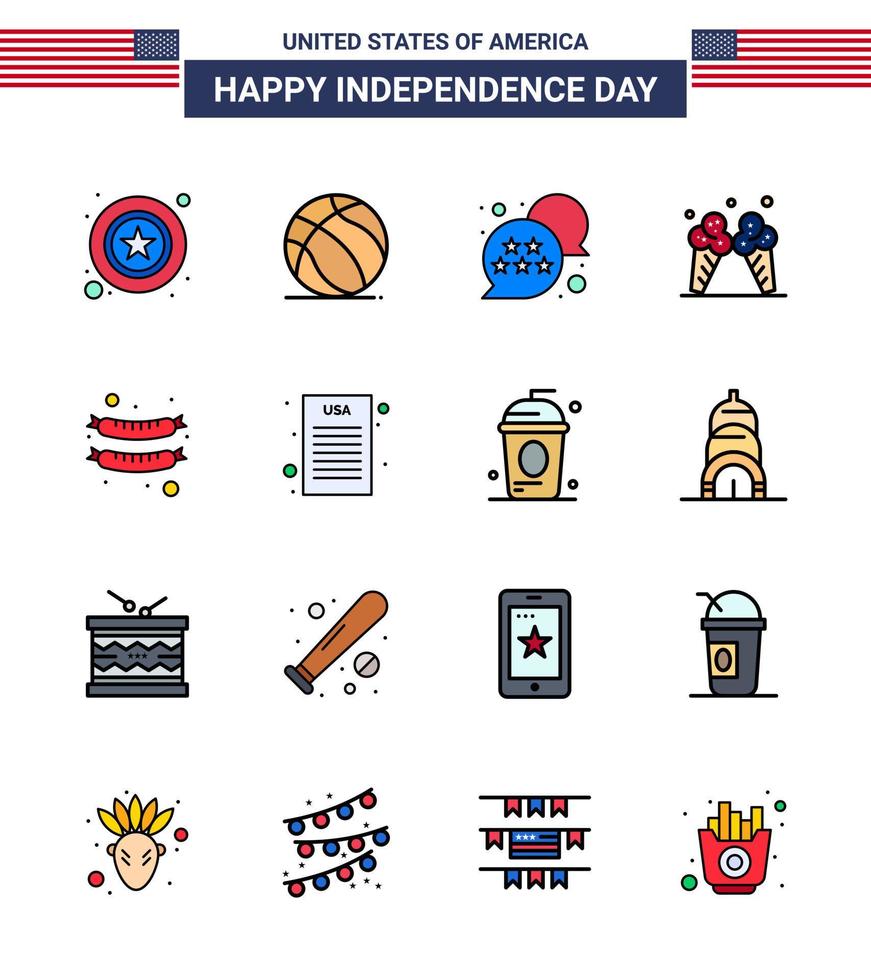 Editable Vector Line Pack of USA Day 16 Simple Flat Filled Lines of frankfurter american flag cream icecream Editable USA Day Vector Design Elements
