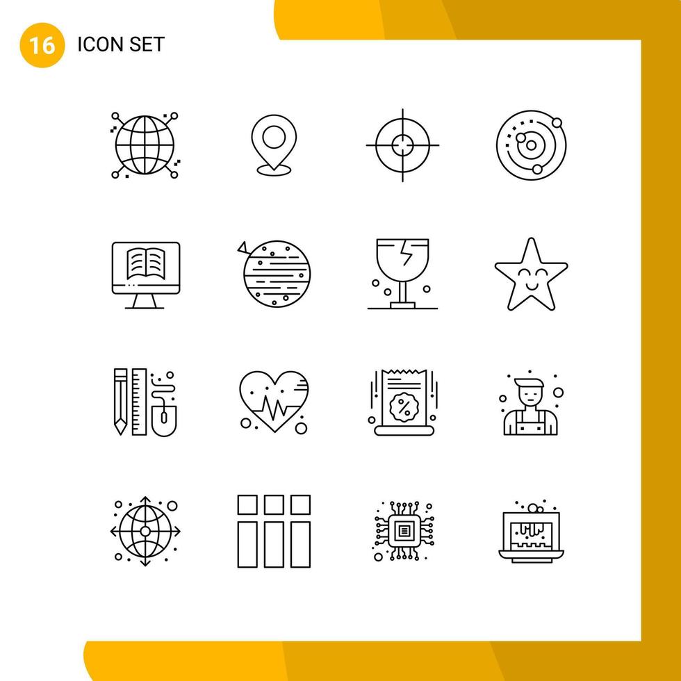 Modern Set of 16 Outlines Pictograph of planets orbiting orbit pin target aim Editable Vector Design Elements