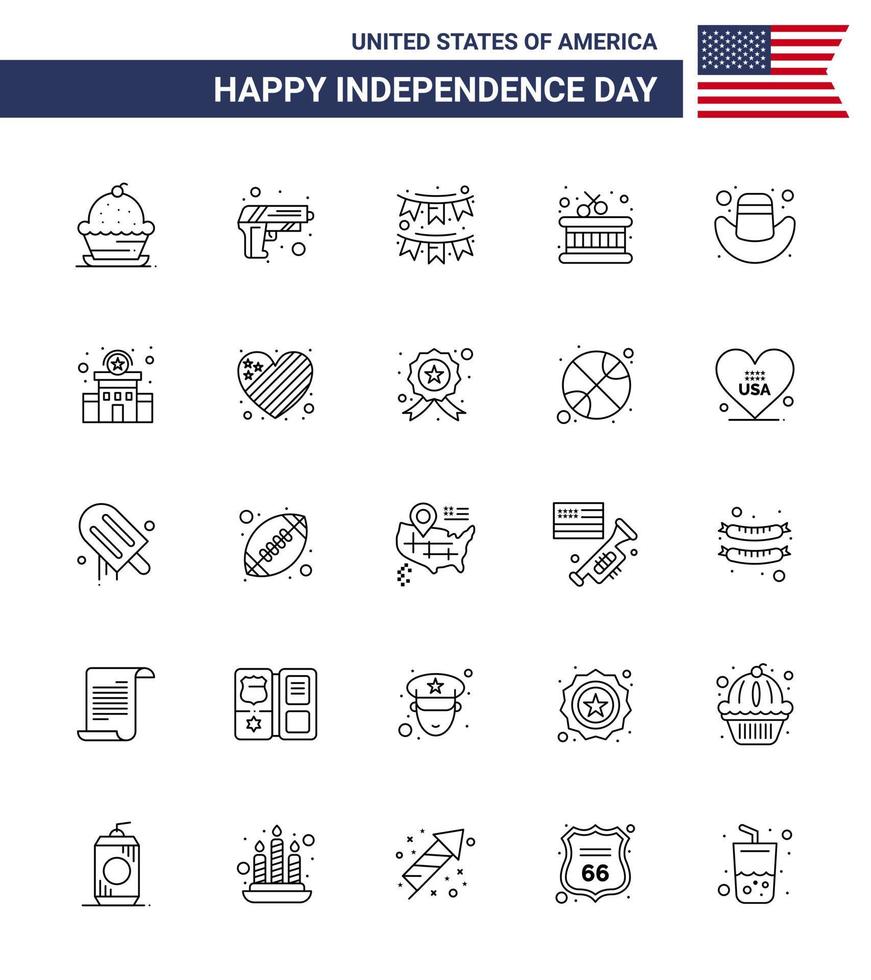 Set of 25 USA Day Icons American Symbols Independence Day Signs for american instrument weapon drum party Editable USA Day Vector Design Elements