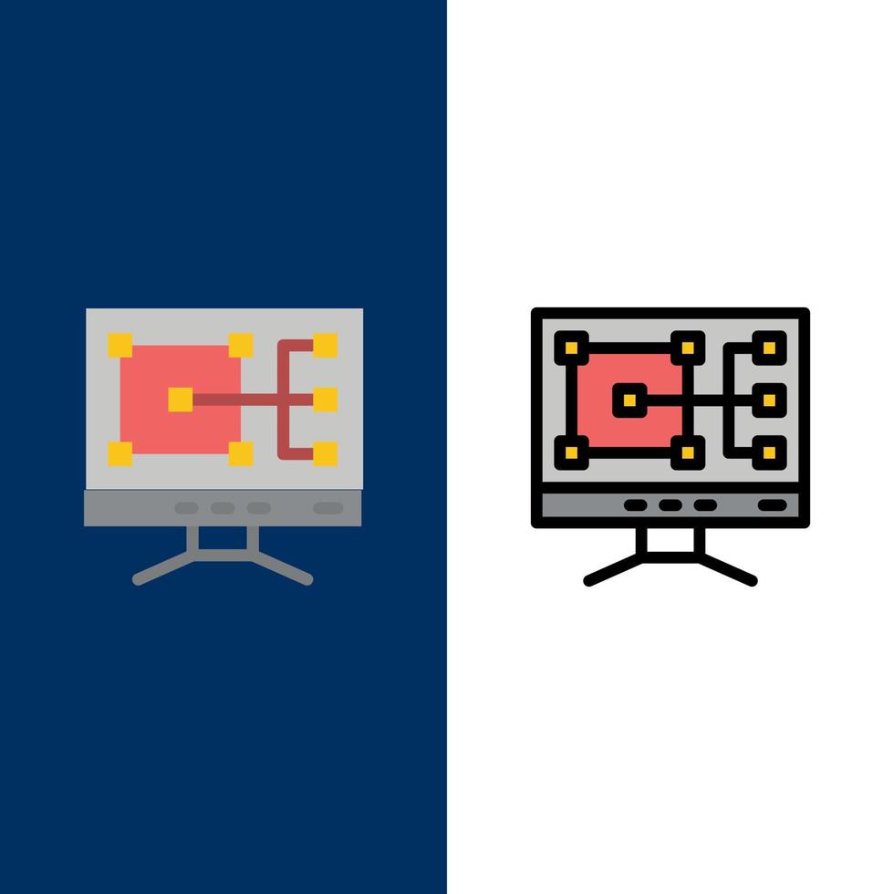 iconos de reparación de construcción de computadoras planas y llenas de línea conjunto de iconos vector fondo azul