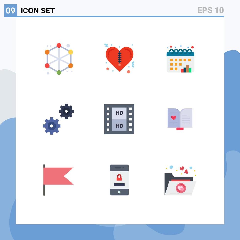 Group of 9 Modern Flat Colors Set for multimedia media chart film gears Editable Vector Design Elements