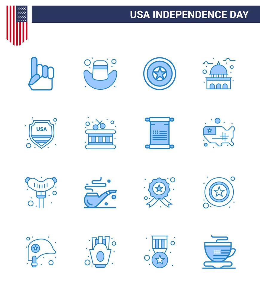 Blue Pack of 16 USA Independence Day Symbols of shield white independece usa house Editable USA Day Vector Design Elements