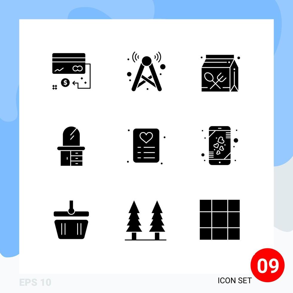 Pack of 9 Modern Solid Glyphs Signs and Symbols for Web Print Media such as dresser home network lunch education Editable Vector Design Elements