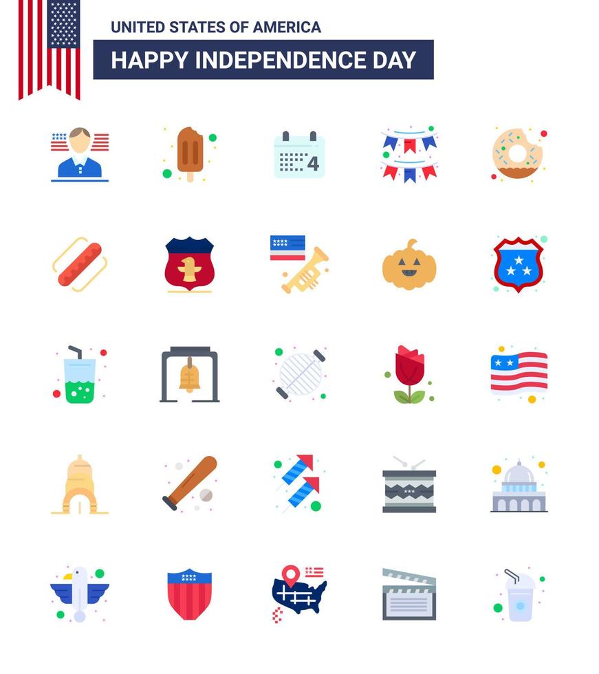 Group of 25 Flats Set for Independence day of United States of America such as yummy donut date garland decoration Editable USA Day Vector Design Elements