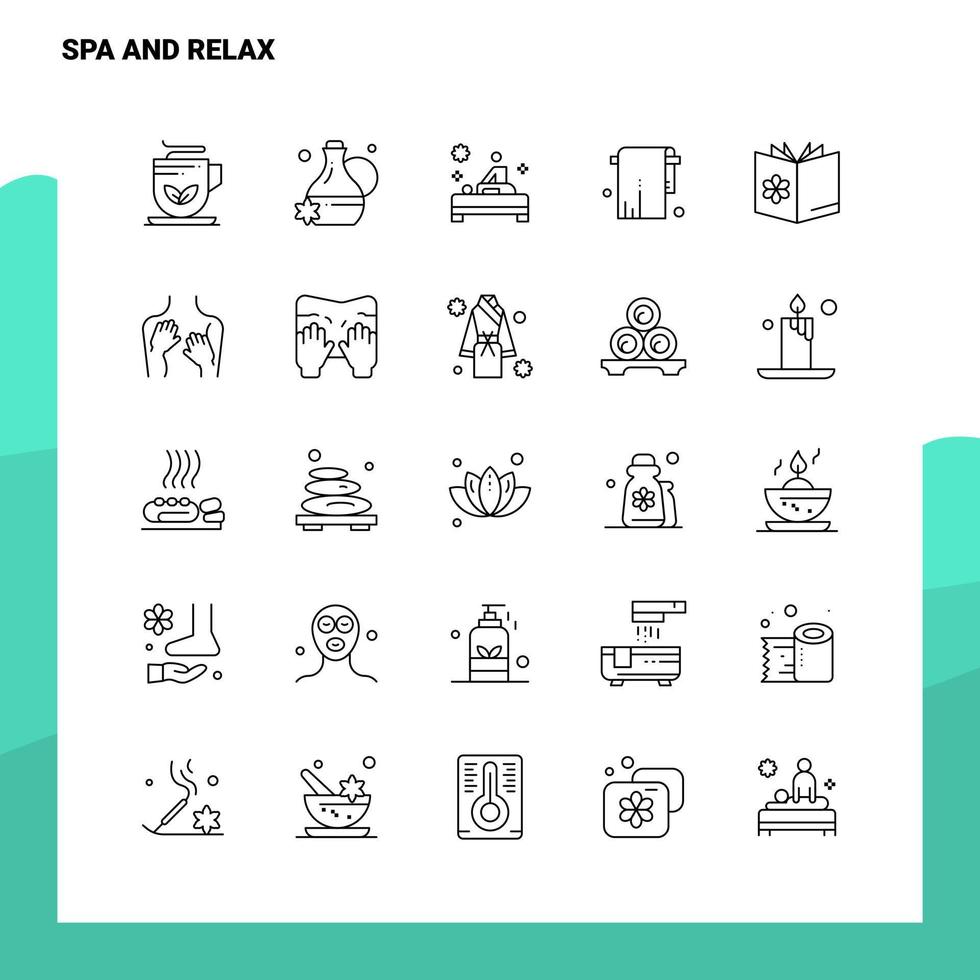 conjunto de iconos de línea de spa y relajación conjunto de 25 iconos. conjunto de iconos negros de diseño de estilo minimalista vectorial. paquete de pictogramas lineales. vector