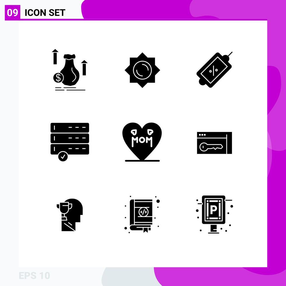 Group of 9 Solid Glyphs Signs and Symbols for mom heart ecommerce devices approve Editable Vector Design Elements