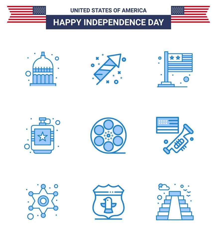 Happy Independence Day 4th July Set of 9 Blues American Pictograph of movis hip country flask alcoholic Editable USA Day Vector Design Elements