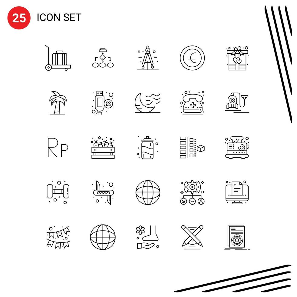 25 Thematic Vector Lines and Editable Symbols of present box workflow sign coin Editable Vector Design Elements