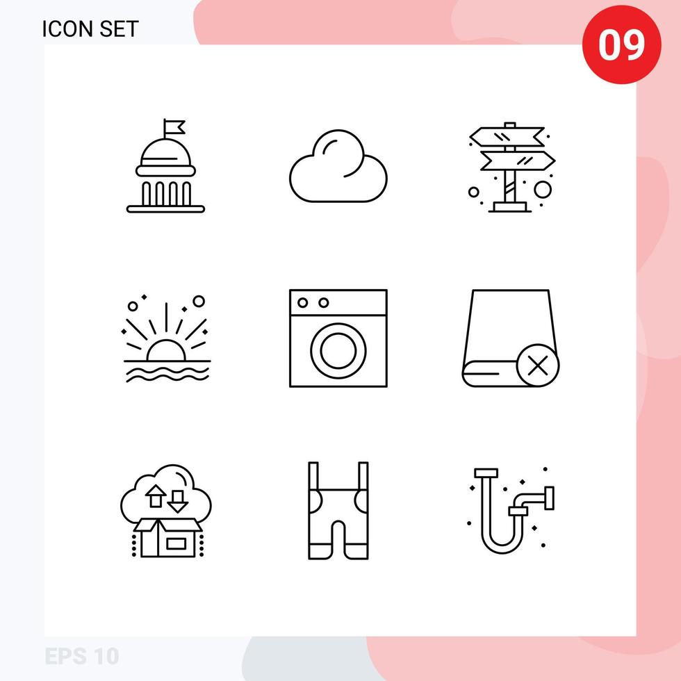 Group of 9 Outlines Signs and Symbols for interior collection road trip beach sea Editable Vector Design Elements