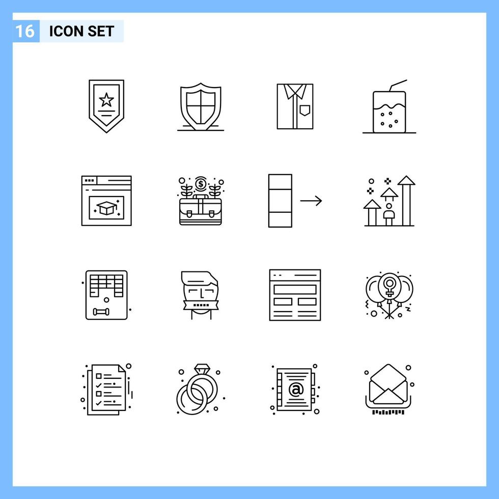 Pack of 16 Modern Outlines Signs and Symbols for Web Print Media such as drink wear shield formal dress Editable Vector Design Elements
