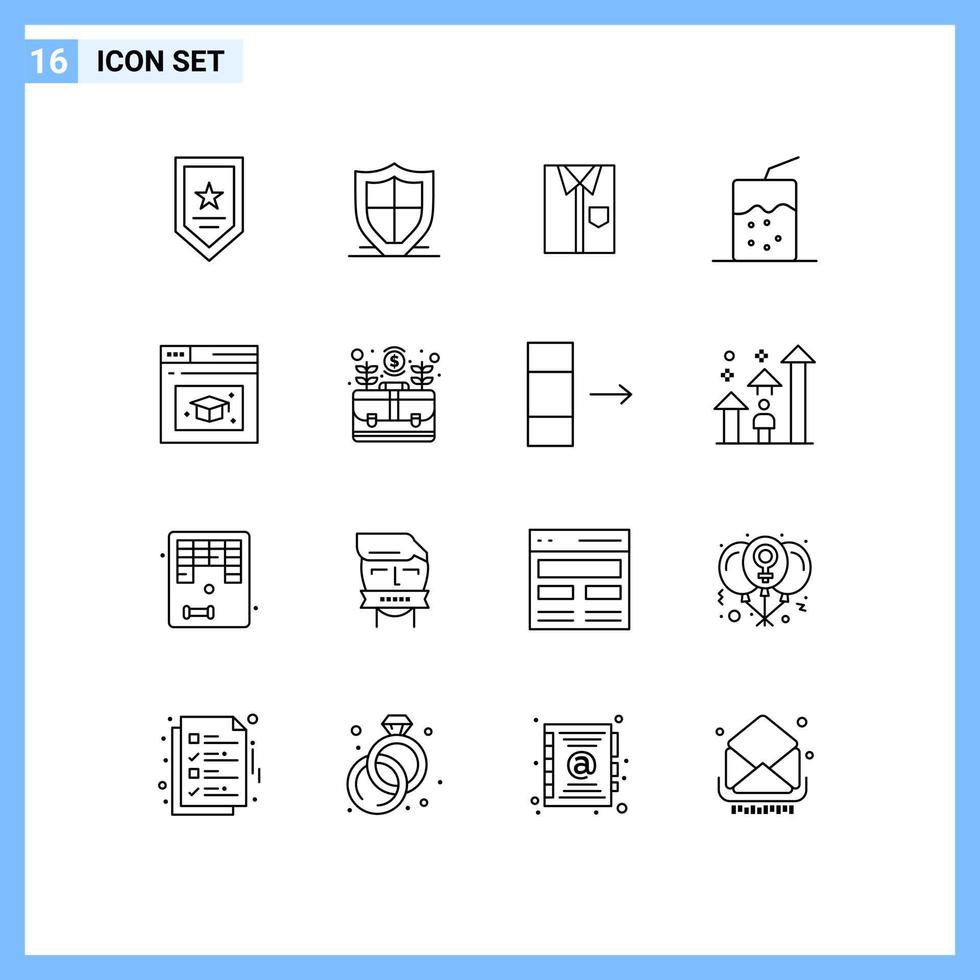 paquete de 16 signos y símbolos de contornos modernos para medios de impresión web, como el escudo de ropa de bebida, la vestimenta formal, los elementos de diseño de vectores editables