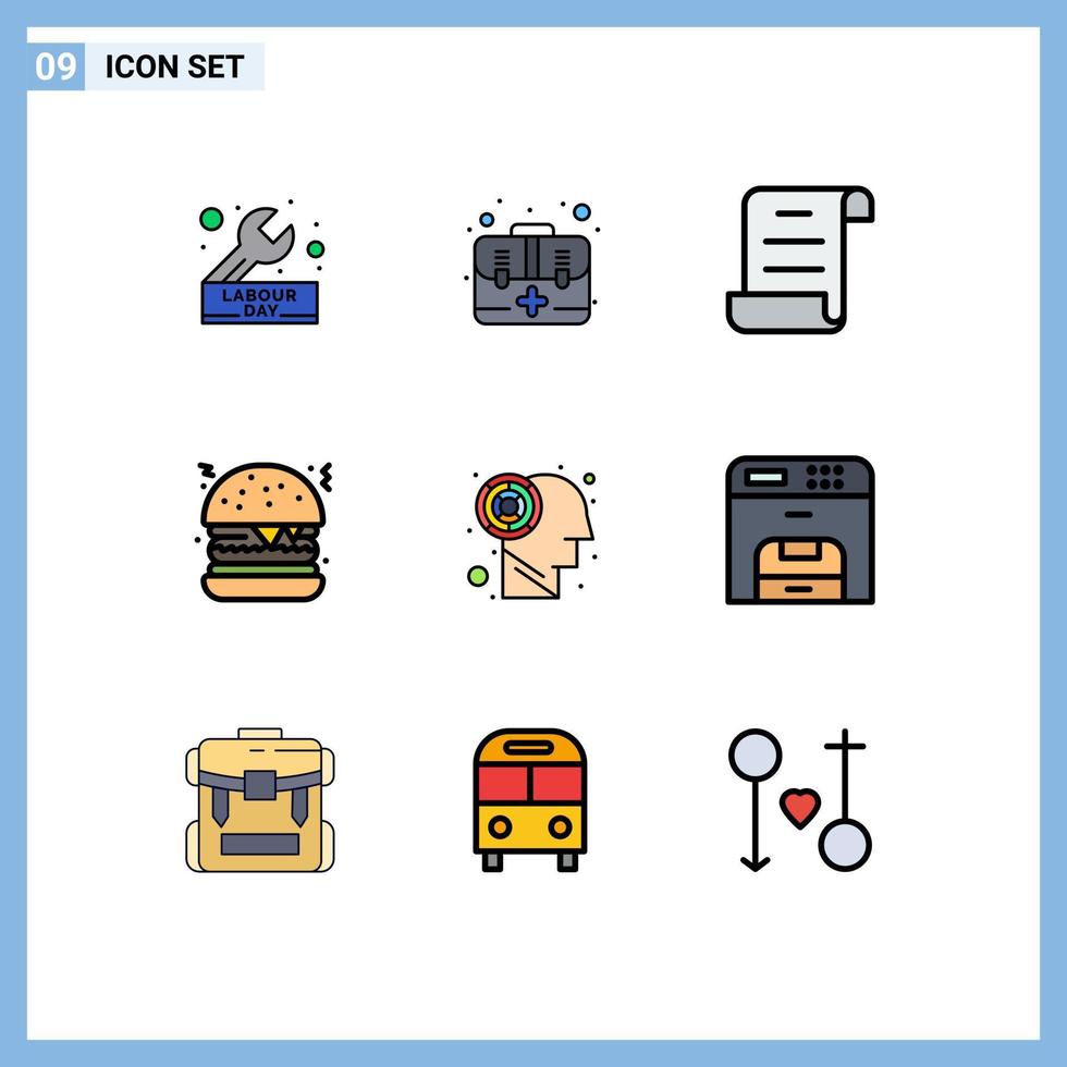 Pictogram Set of 9 Simple Filledline Flat Colors of brain labyrinth kit food burger Editable Vector Design Elements