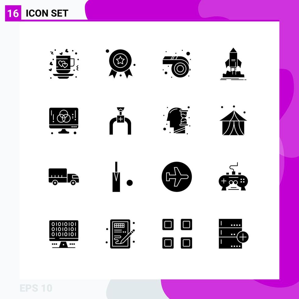 Set of 16 Commercial Solid Glyphs pack for computer shuttle badge ship launch Editable Vector Design Elements