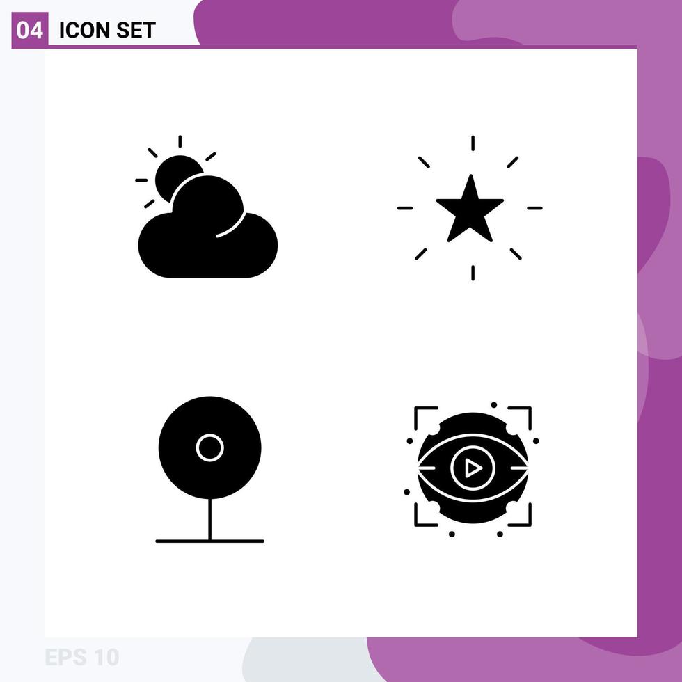 Pack of 4 creative Solid Glyphs of sun play favorite camera eye Editable Vector Design Elements