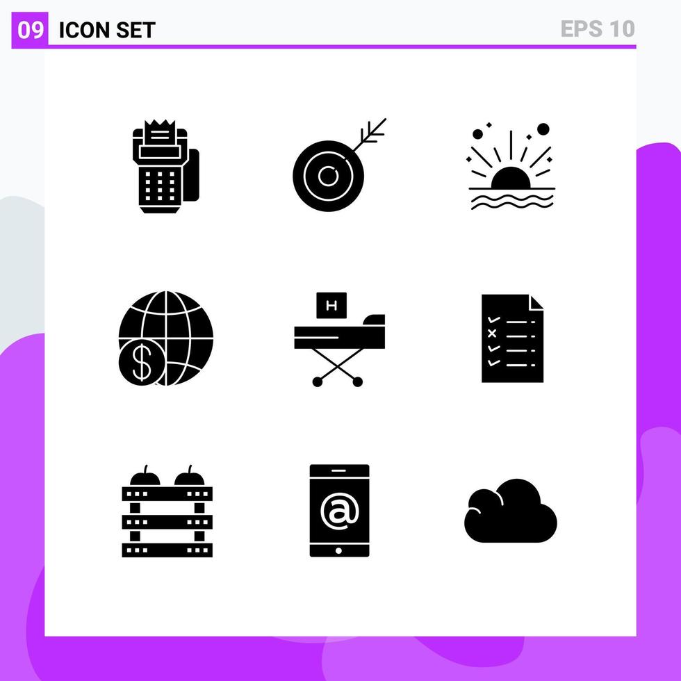 Set of 9 Commercial Solid Glyphs pack for worldwide money target global beach Editable Vector Design Elements