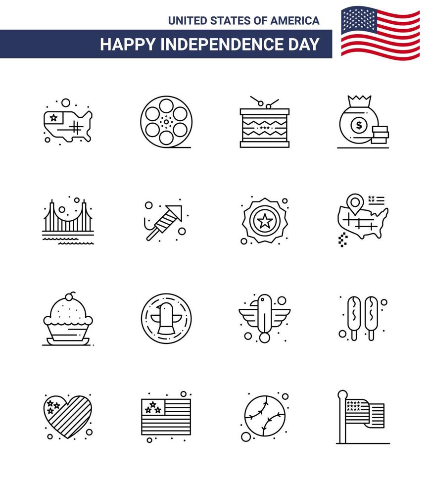 4th July USA Happy Independence Day Icon Symbols Group of 16 Modern Lines of bridge money drum bag st Editable USA Day Vector Design Elements