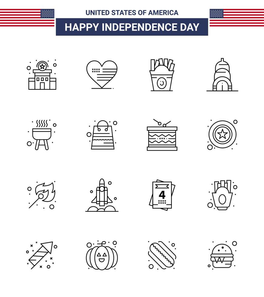 Modern Set of 16 Lines and symbols on USA Independence Day such as cook barbecue frise usa chrysler Editable USA Day Vector Design Elements