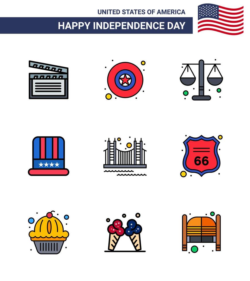 conjunto de 9 iconos del día de los ee.uu. símbolos americanos signos del día de la independencia para el puente dorado justicia tapa de los ee.uu. elementos de diseño vectorial editables del día de los ee.uu. vector