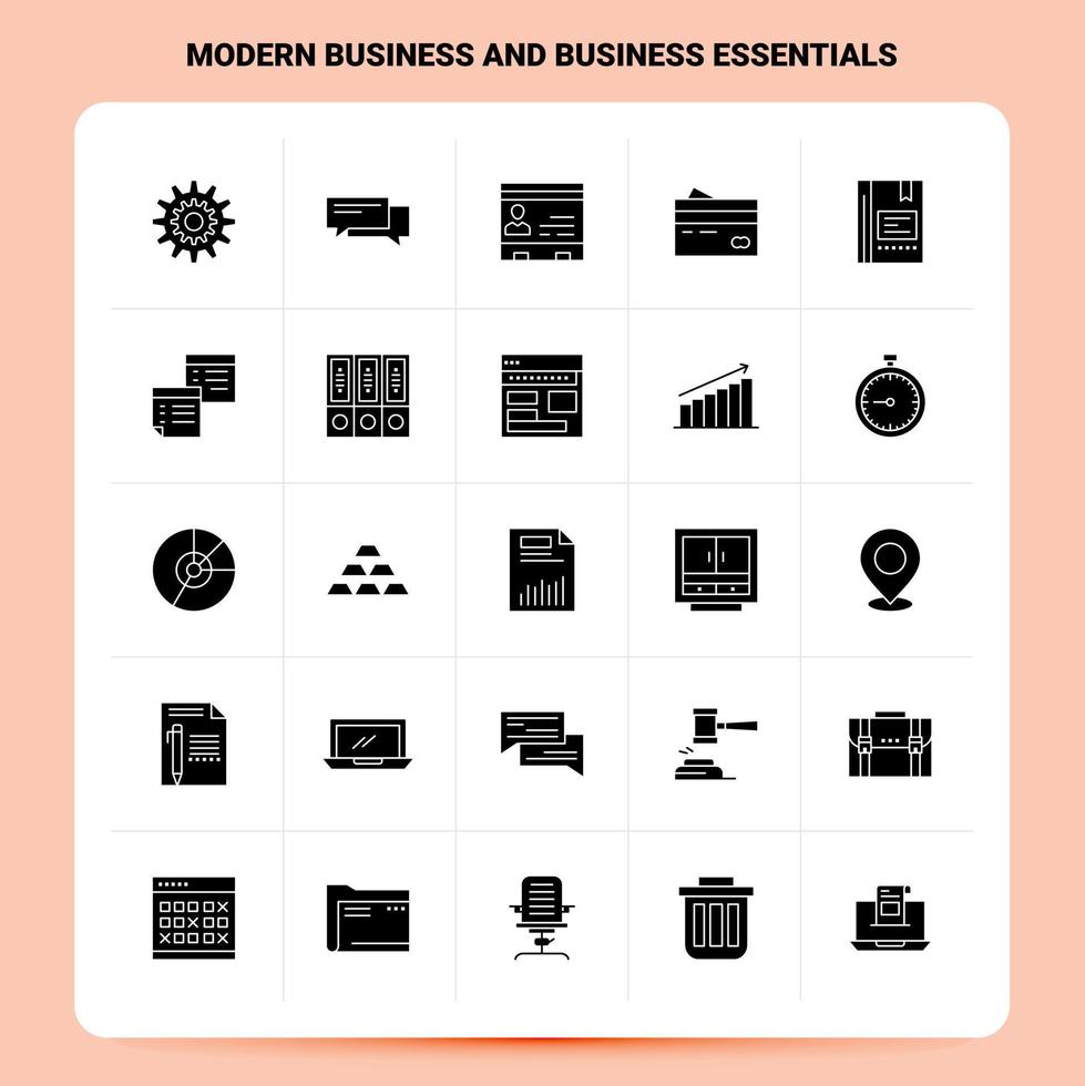 Solid 25 Modern Business and business essentials Icon set Vector Glyph Style Design Black Icons Set Web and Mobile Business ideas design Vector Illustration