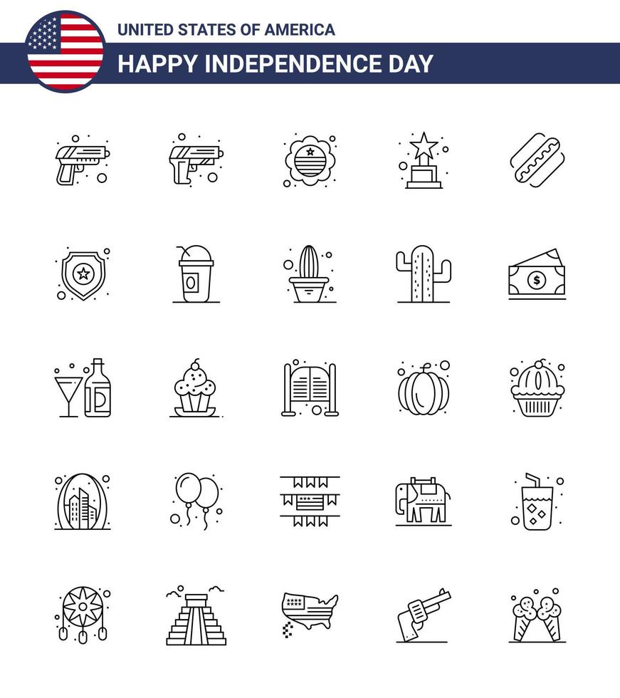 conjunto de líneas del día de la independencia de estados unidos de 25 pictogramas de estados unidos de estados de logro de escudo de estrella elementos de diseño de vector de día de estados unidos editables estadounidenses