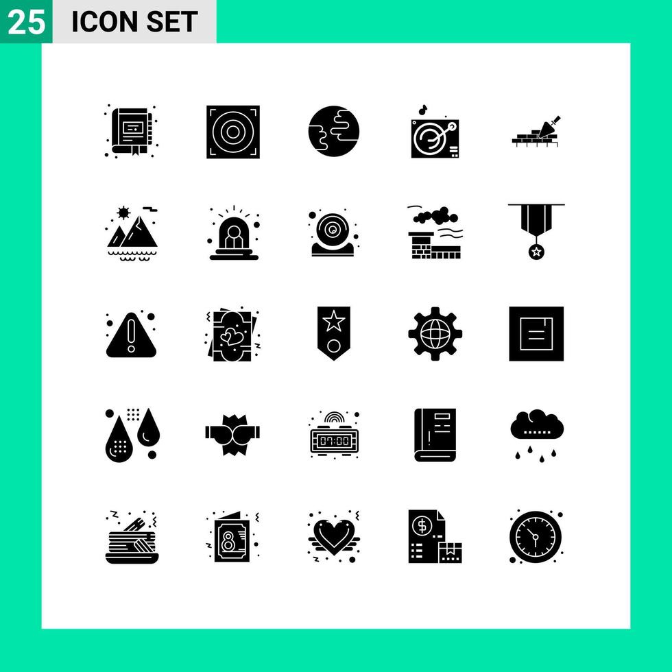25 User Interface Solid Glyph Pack of modern Signs and Symbols of trovel mason earth brickwork gramophone Editable Vector Design Elements
