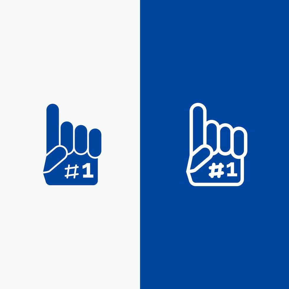 línea de deporte de espuma de dedo fanático y glifo icono sólido línea de bandera azul y glifo icono sólido bandera azul vector