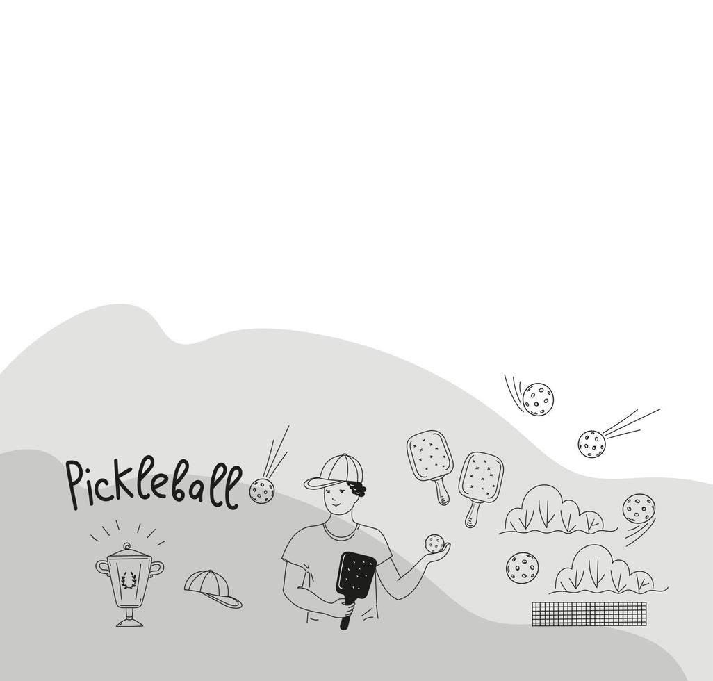 Pickleball game doodle set. Vector outline illustration.