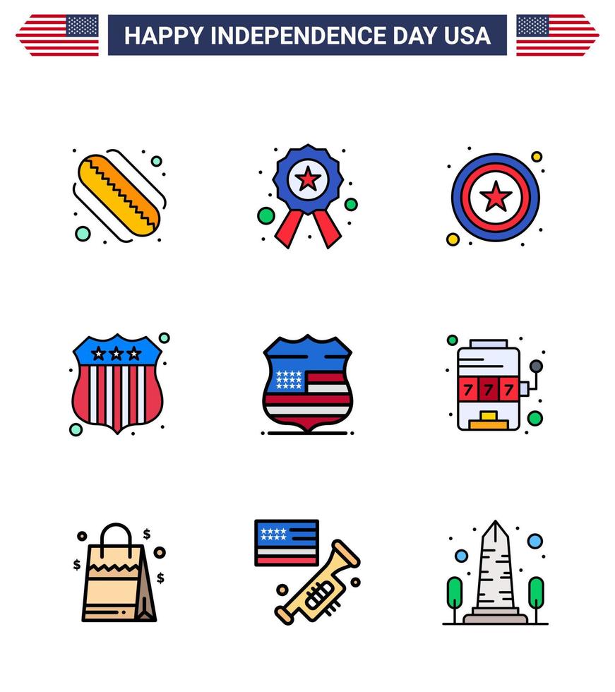 Set of 9 Vector Flat Filled Lines on 4th July USA Independence Day such as casino usa star sign usa police Editable USA Day Vector Design Elements