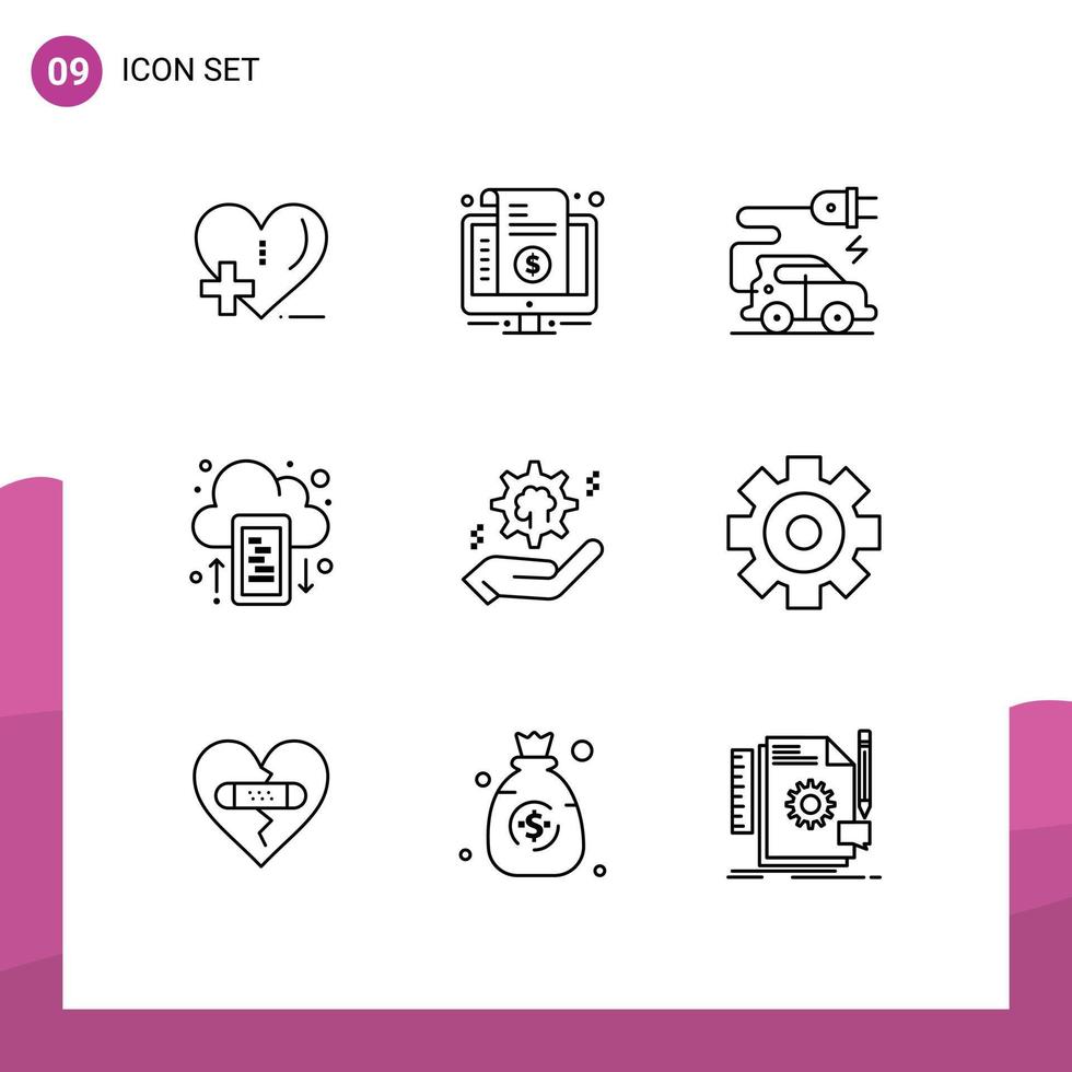 Group of 9 Outlines Signs and Symbols for hand upload purchase mobile cloud Editable Vector Design Elements
