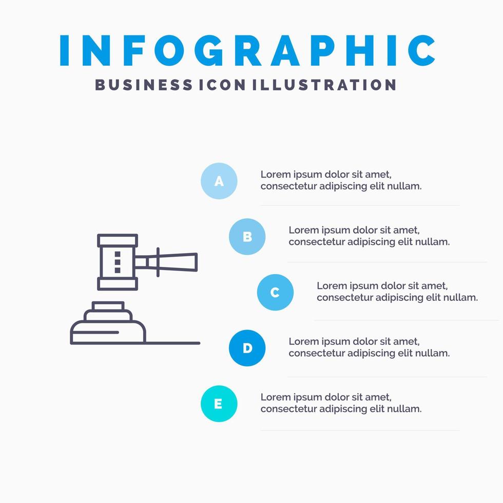 Law Action Auction Court Gavel Hammer Judge Legal Line icon with 5 steps presentation infographics Background vector