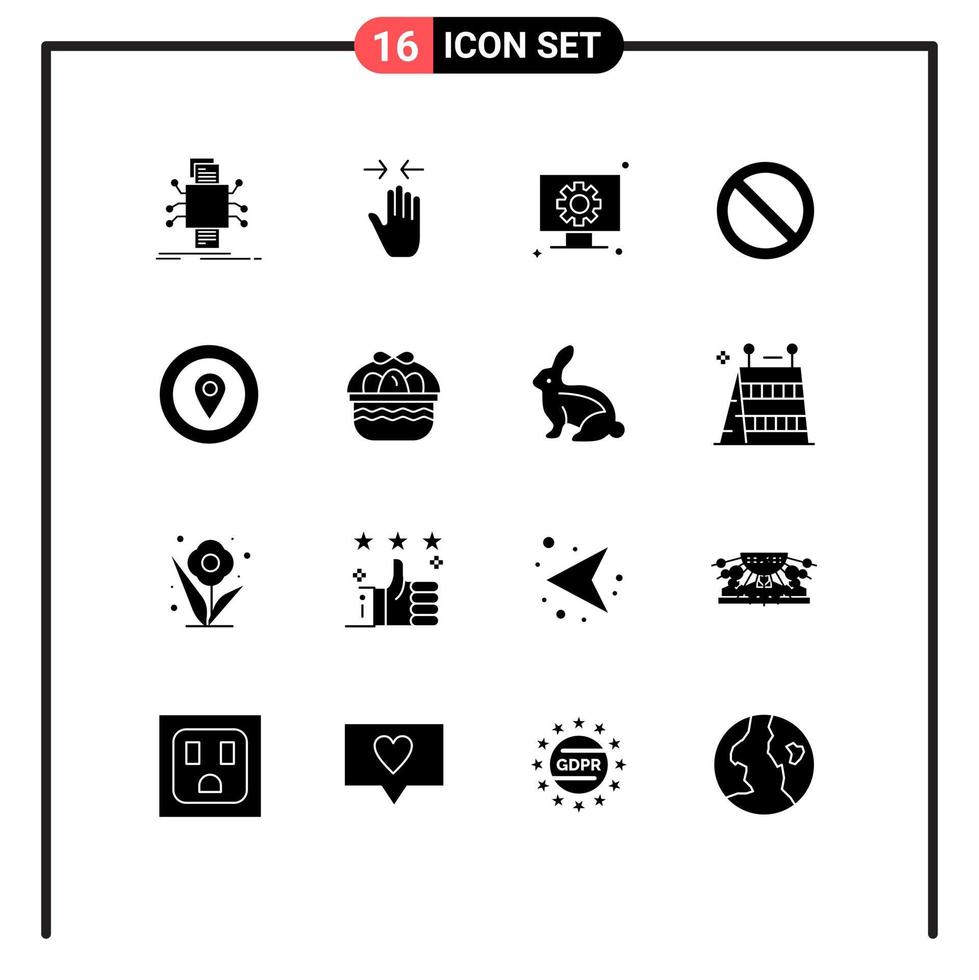 User Interface Pack of 16 Basic Solid Glyphs of location media arrow close setting Editable Vector Design Elements