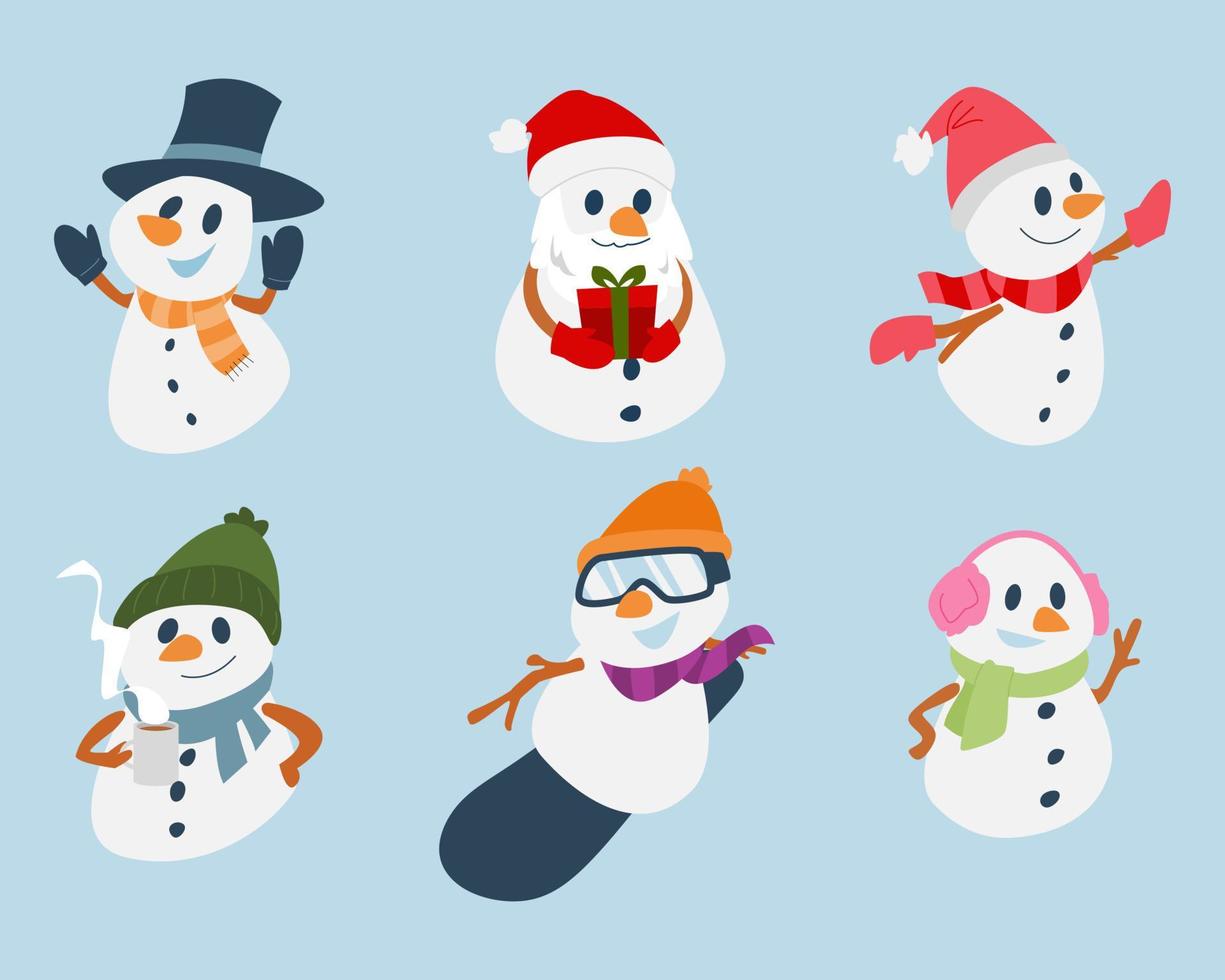 set of cute snowman characters with different styles, and activities. concept of winter, christmas, etc. for sticker, print, template, greeting card, etc. cartoon vector illustration