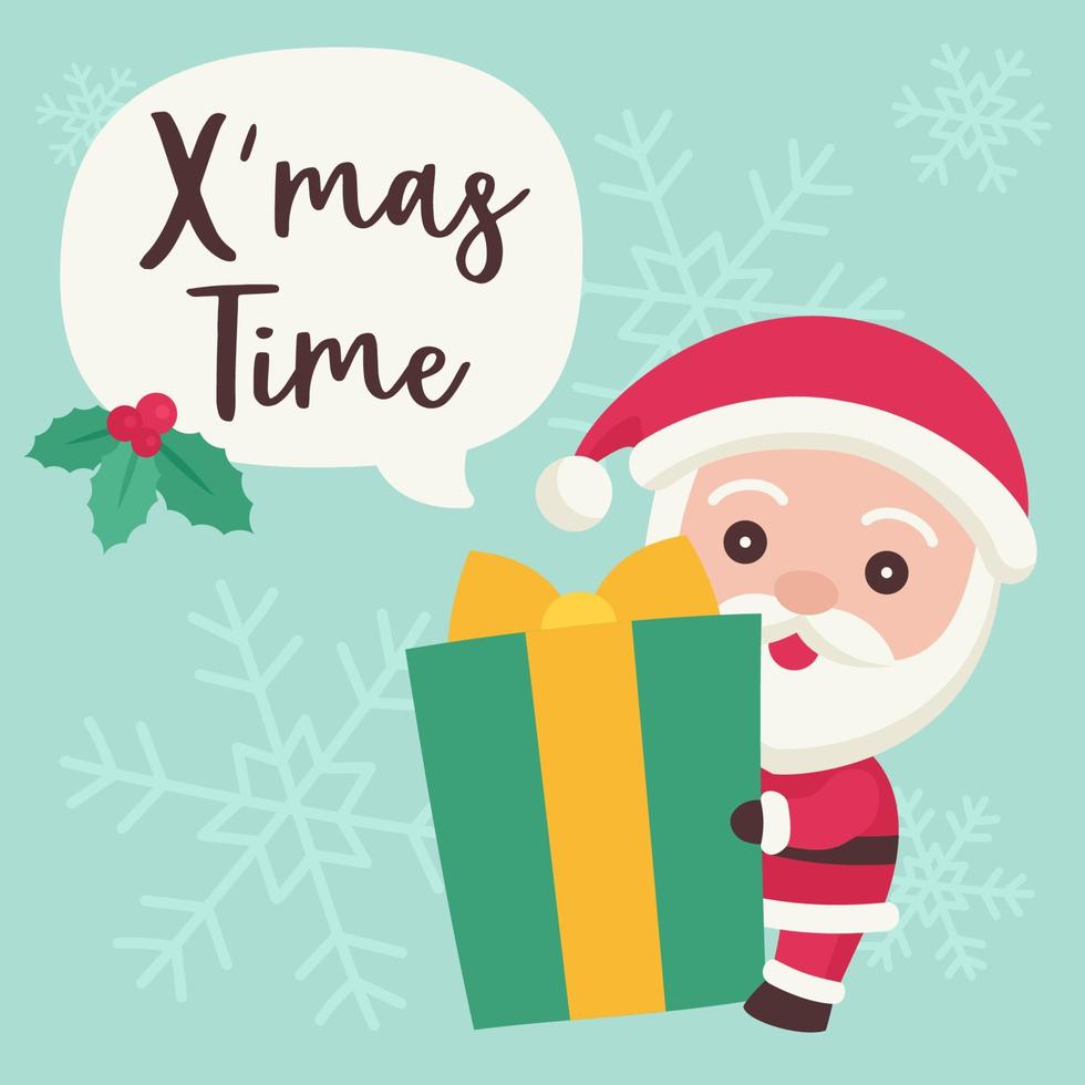 Santa claus holding gift box with xmas time speech bubble vector