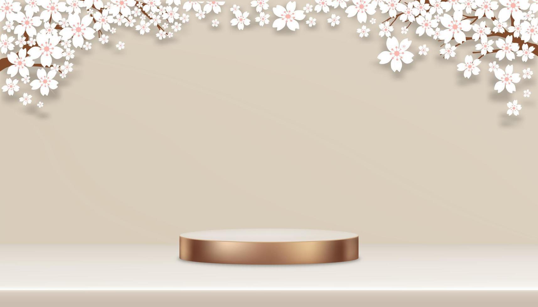 Wall studio with Cherry blossom,3D Display Rose Gold Podium on Vanilla Cream Color Background,Vector horizon backdrop banner for Spring presentation,Valentine,Mothers Day card with colour trends 2023 vector