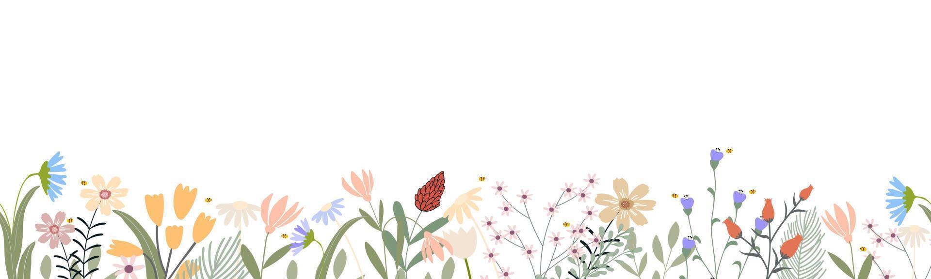 decoración de fondo floral horizontal de patrones sin fisuras con lindas flores multicolores y borde de hojas sobre fondo blanco. ilustración vectorial diseño plano botánico de primavera o verano vector