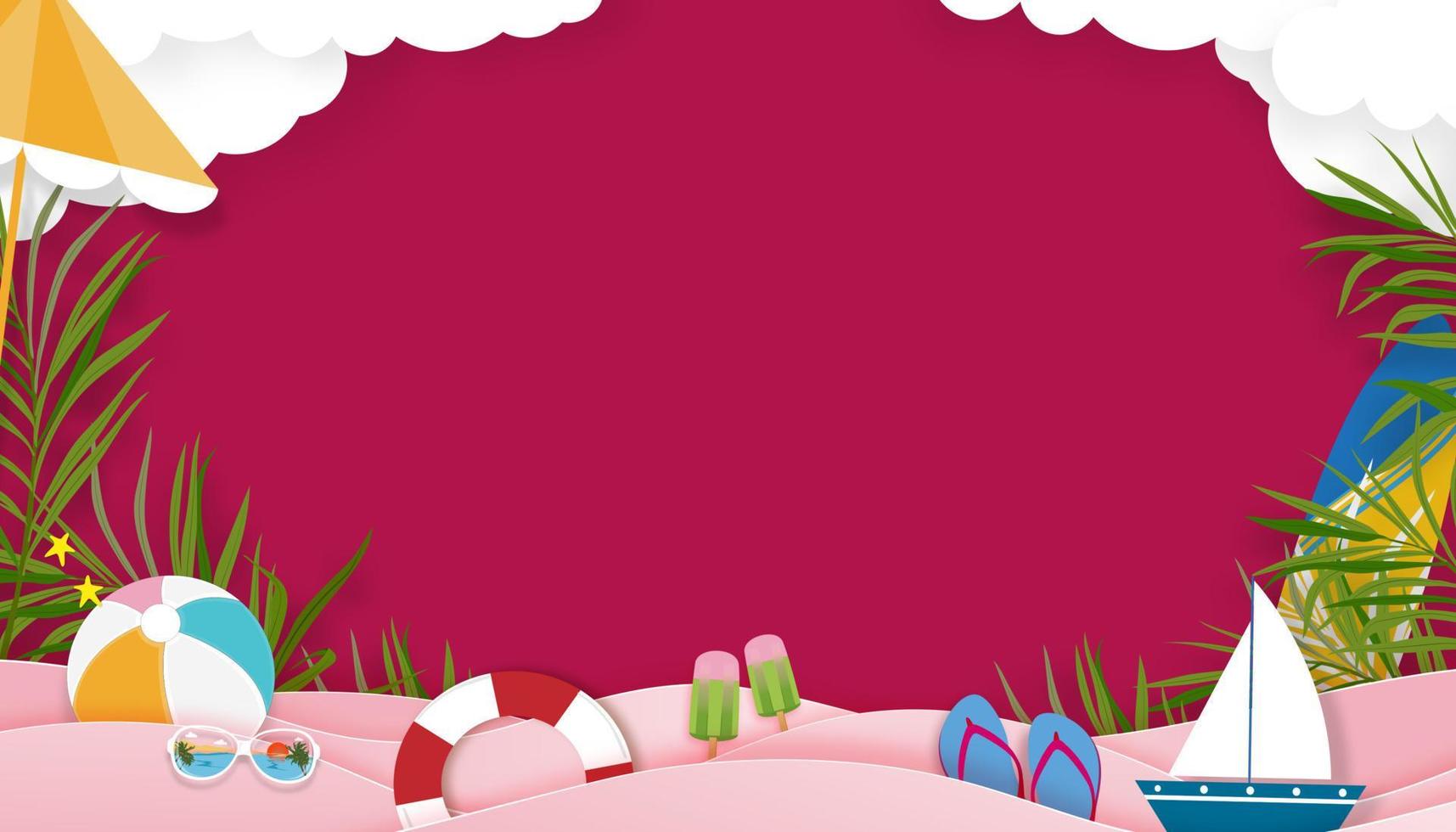 Summer background with beach vacation holiday theme with pink wave layer and copy space,Vector Top view Sea Beach Paper cut of tropical Summer design,palm leaves and cloud on Viva Magenta background vector
