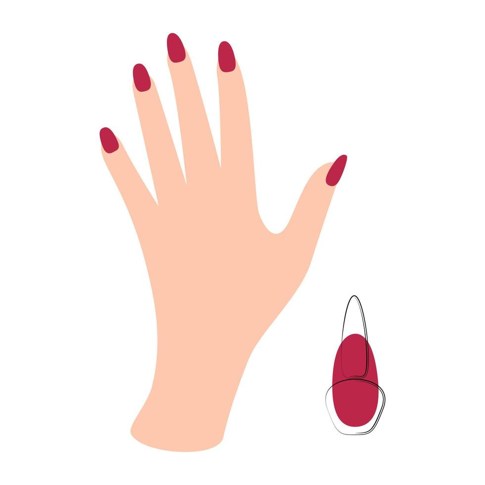 Elegant female hand with manicure concept Viva magenta color 2023. Design element for web icons, nail art studio or spa salon. vector