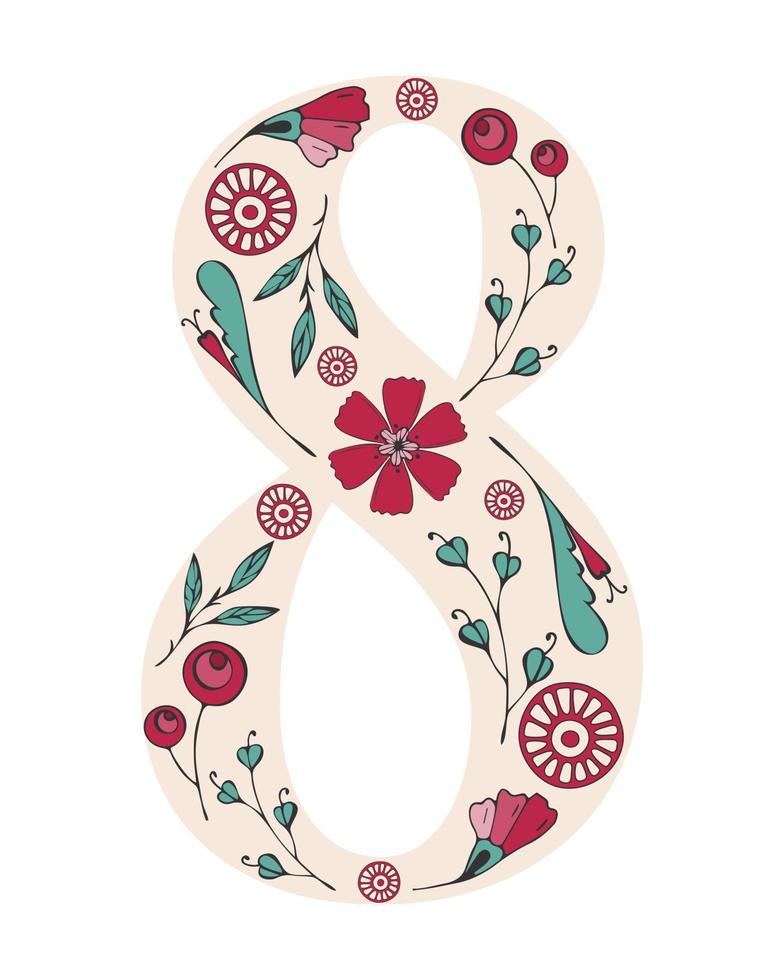 Number 8 for Womens Day, March 8 holiday. Floral ornament made of doodle flowers from Viva Magenta color trend 2023. vector