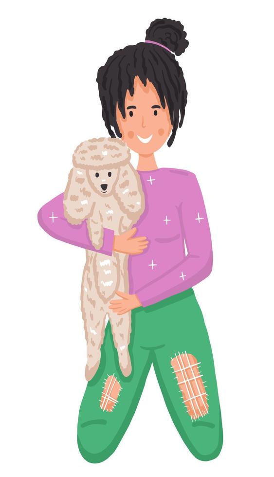 Girl hugging little dog vector
